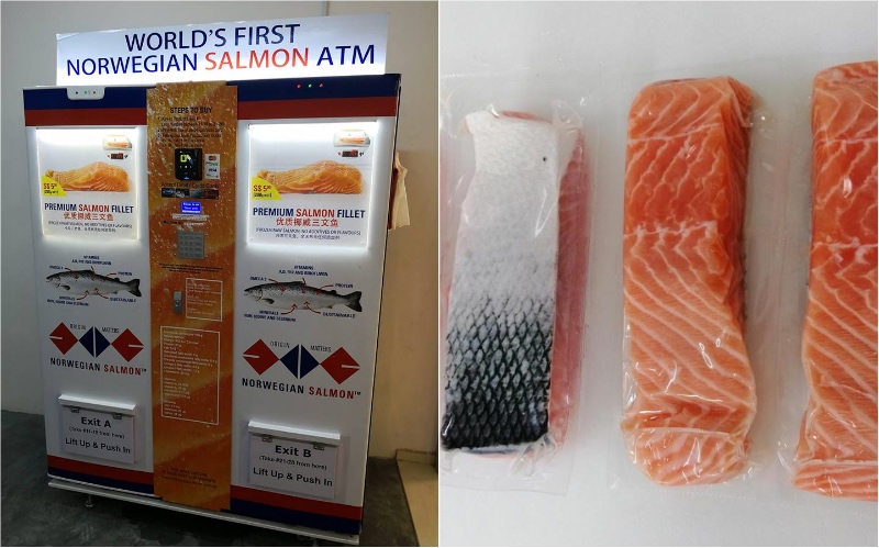 在新加坡第一台售卖冷冻挪威鲑鱼片自动售货机
